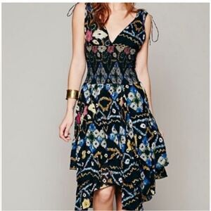 NWOT Free People One Wisteria Lattice Black Floral Smocked Asymmetrical Dress XS